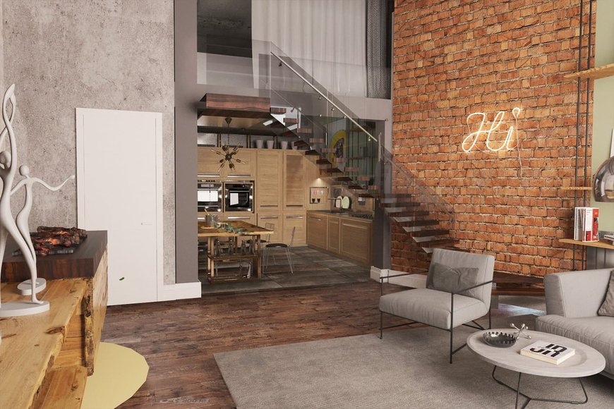 Гостиная с камином в стиле loft