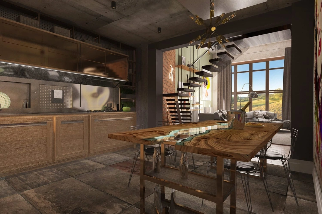 Гостиная с камином в стиле loft.