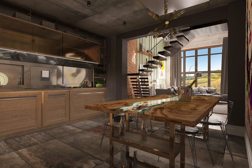 Гостиная с камином в стиле loft.