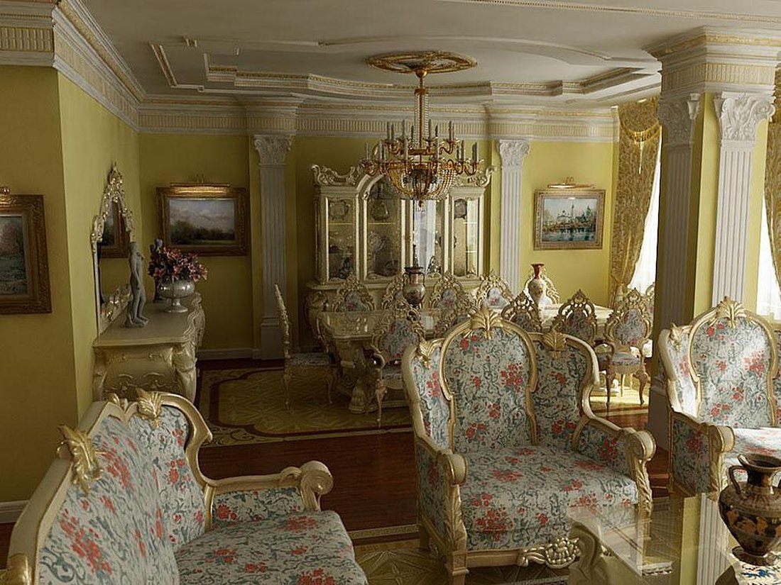 Колонны, витиеватые украшения, криволинейные формы(даже колонны часто витые)