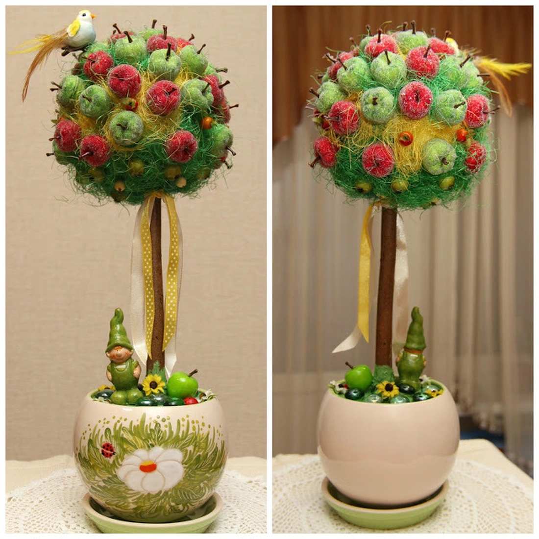 Искусственные яблочки, груши, апельсины и грозди винограда.