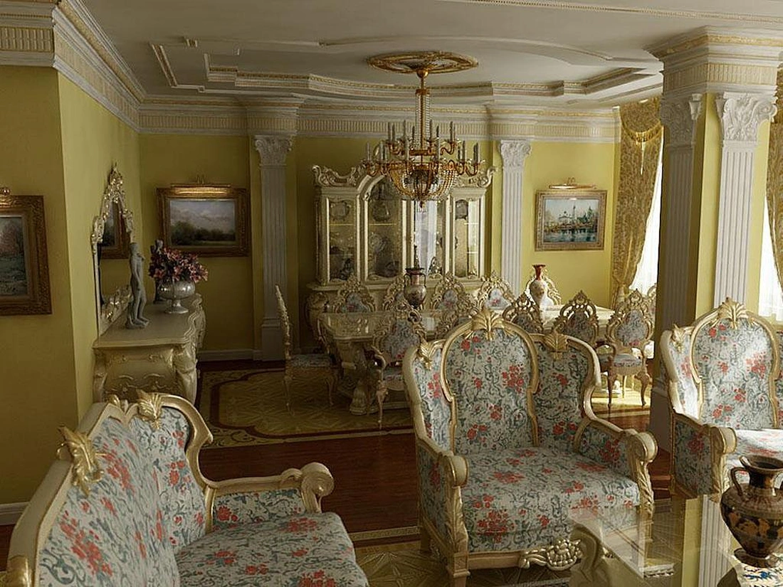 Колонны, витиеватые украшения, криволинейные формы(даже колонны часто витые)