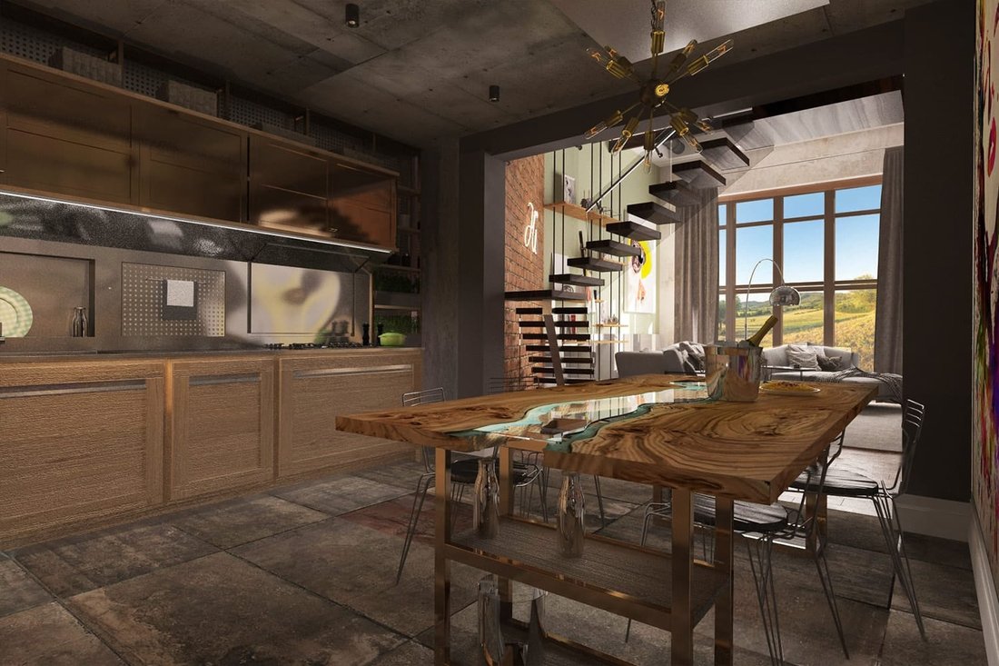 Гостиная с камином в стиле loft.